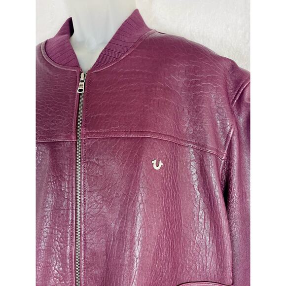 RARE TRUE RELIGION Lamb Leather Bomber Jacket Burgundy Maroon Men's Size 3XL - Picture 3 of 9
